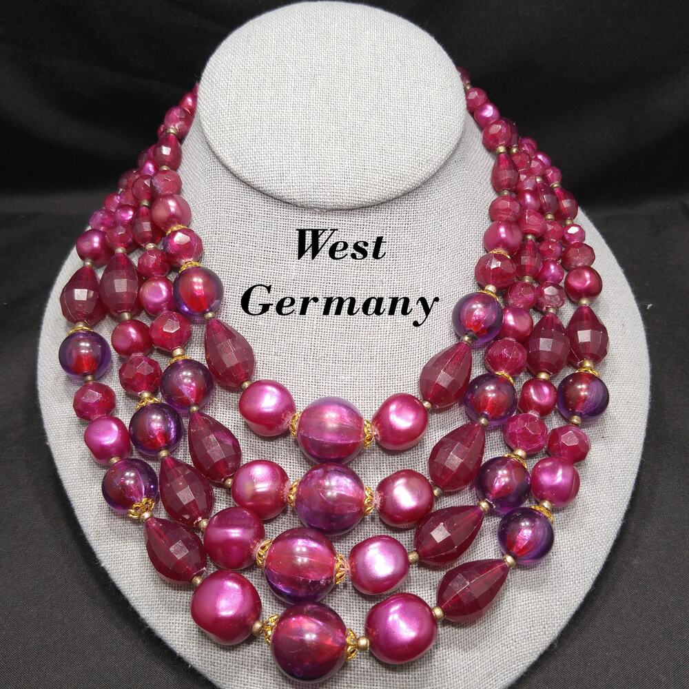 West Germany Thermoset Red Beaded Necklace 4 Strand 1950s Vintage Jewelry